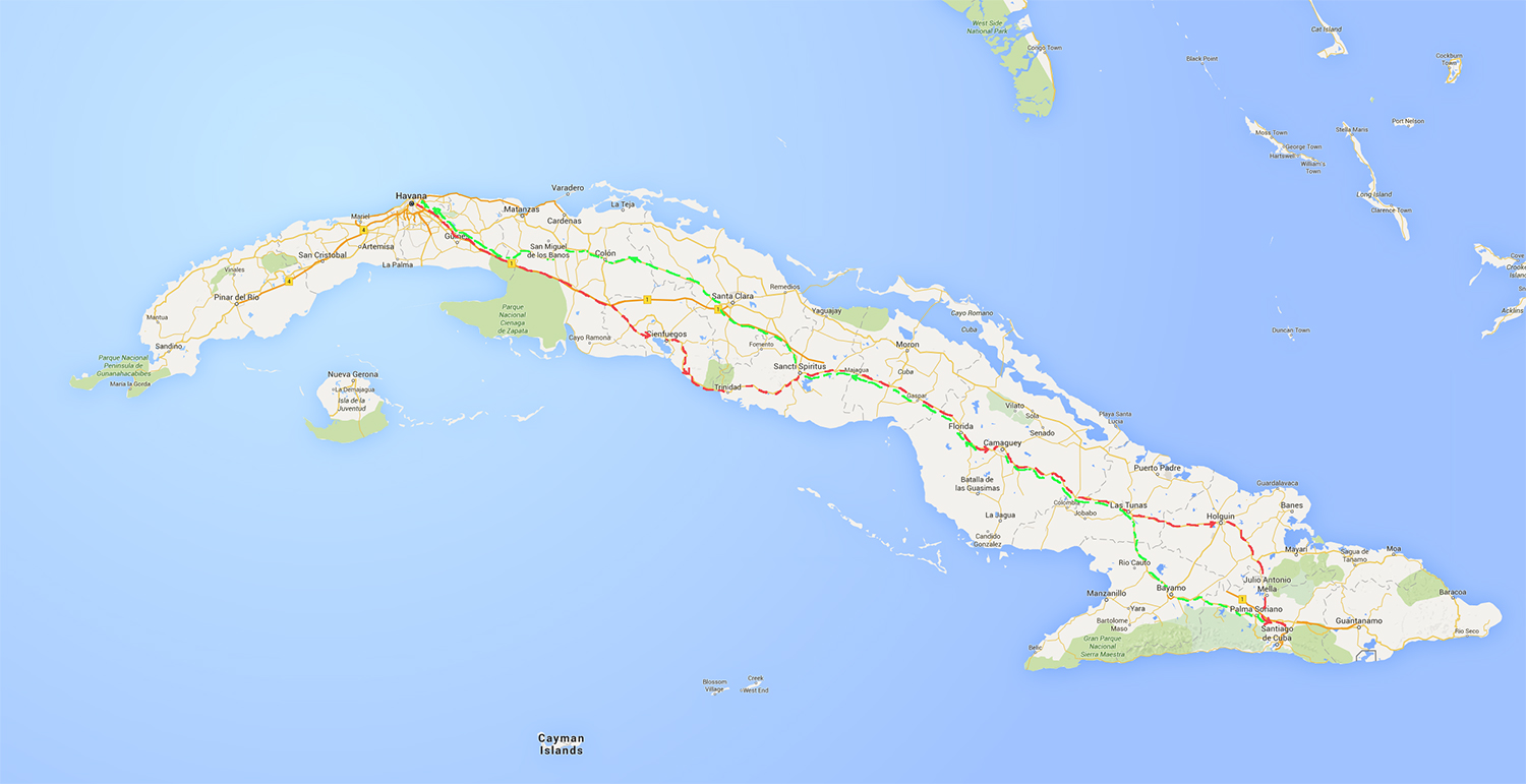 Map of Cuba showing the journey
