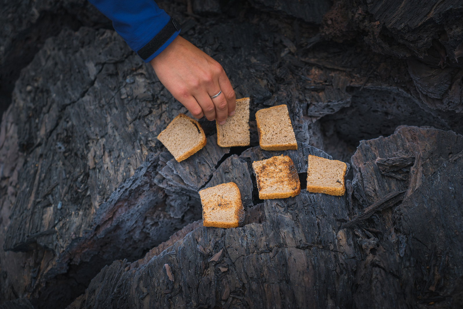 Toasting bread on hot lava rocks